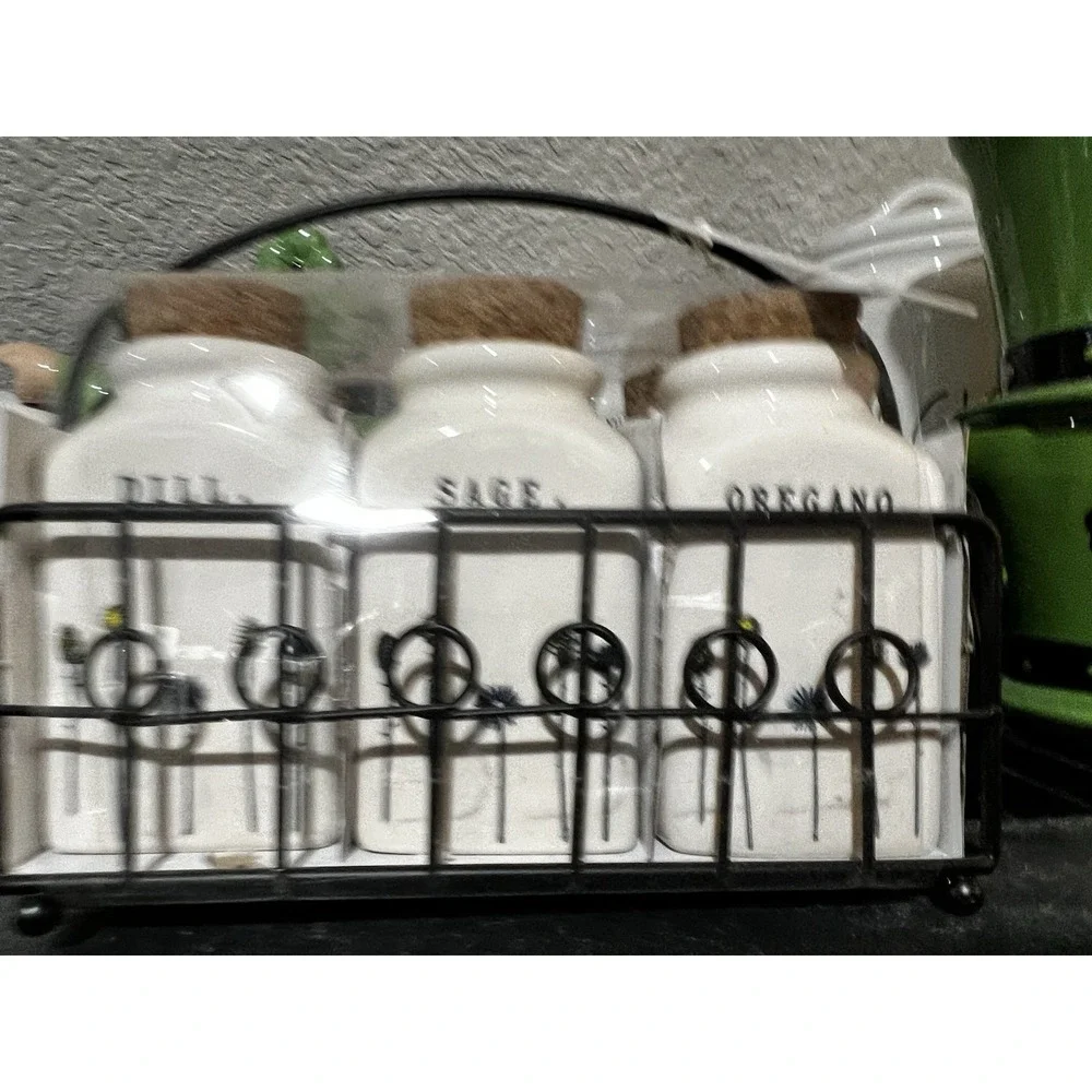 Rae Dunn Set Of 6  Ceramic Spice Jars Cork Lid Wire Metal Rack Homeline Holder